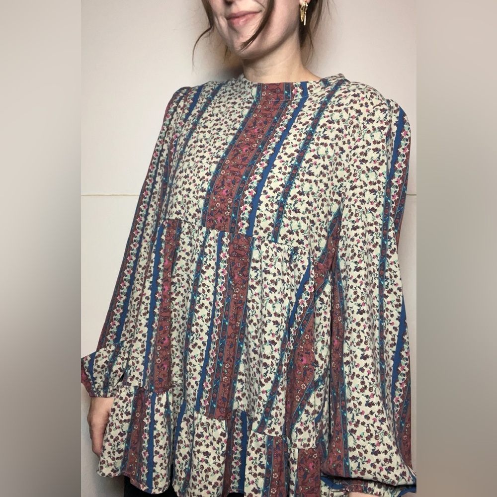 Boho Tiered Babydoll Tunic Flowy Cottagecore Lagenlook L